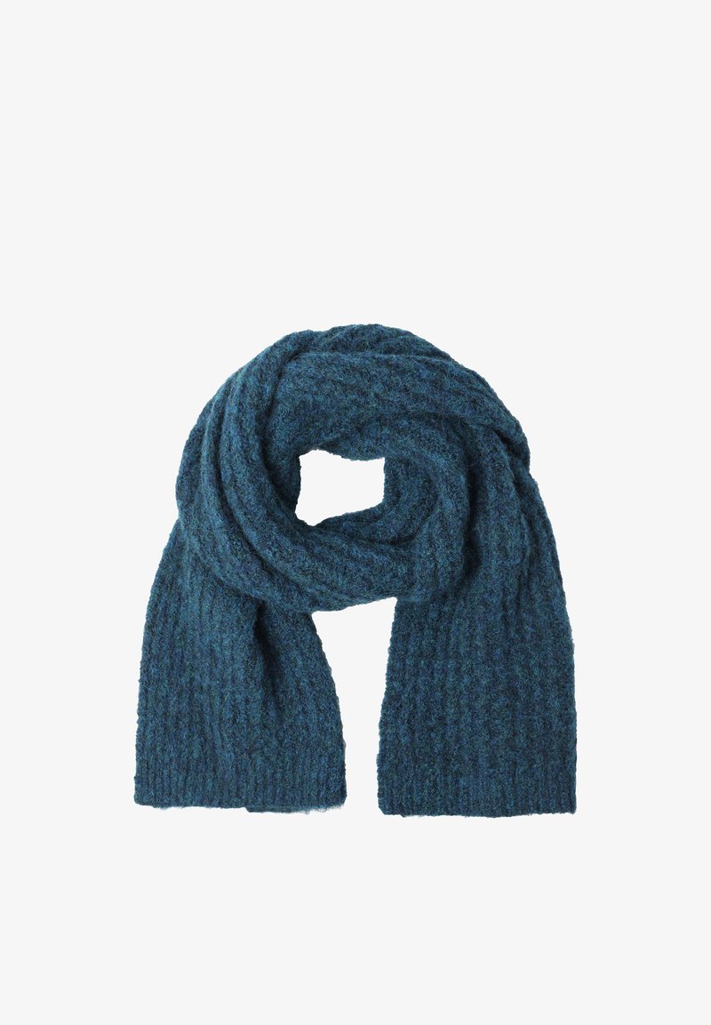 Lysse mørk teal tørklæde lavet af struktureret strikmateriale, med et ribbet mønster og blød finish, draperet i en snoet stil.