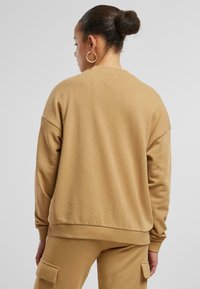 Brauner Sweatshirt mit lässiger Passform, gerippten Bündchen und Rundhalsausschnitt. Das Material wirkt weich, hat eine glatte Textur und keine sichtbaren Muster.