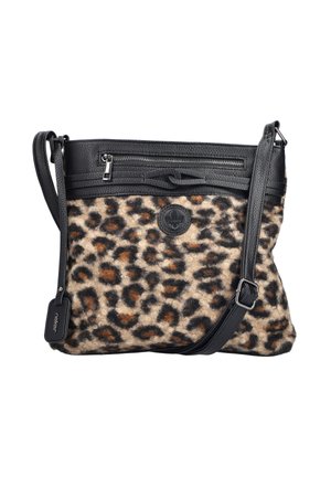Crossbody-Tasche mit Leopardenmuster-Stoff, schwarzen Kunstlederbesätzen, verstellbarem Riemen und vorderer Reißverschlusstasche.