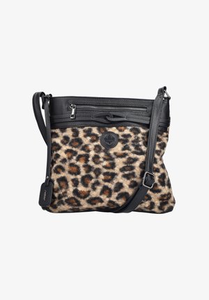 Crossbody-Tasche mit Leopardenmuster-Stoff, schwarzen Kunstlederbesätzen, verstellbarem Riemen und vorderer Reißverschlusstasche.