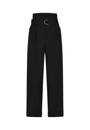 High-waist black trousers with a wide belt featuring a silver buckle, straight legs, front pleats, and cuffed hems.