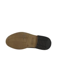 Semelle de chaussure en caoutchouc avec un schéma de couleurs brun et noir. Présente un profil texturé avec des rainures horizontales et verticales pour une meilleure adhérence. Marque "Bugatti" visible.