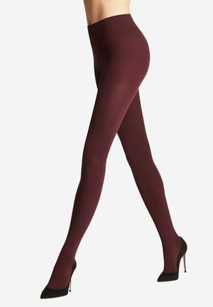 Collant bordeaux realizzati in materiale elastico con una finitura liscia, dotati di una vita alta e progettati per una vestibilità aderente.