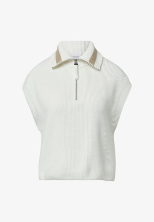 Pullover bianco a maniche corte con texture a coste, dotato di un colletto zip con accenti beige. Design minimalista, senza motivi.