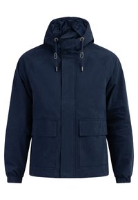 Navy blue jacket with a drawstring hood, featuring a front zipper, two large patch pockets, and elastic cuffs. Smooth, water-resistant material.