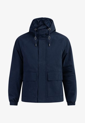 Mørkeblå jakke med snoretræk i hætten, med en frontlynlås, to store laplommer og elastiske manchetter. Glat, vandafvisende materiale.