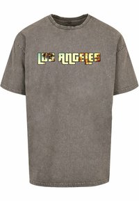 Grijze katoenen t-shirt met een ontspannen pasvorm. Heeft 'LOS ANGELES' in kleurrijke blokletters op de voorkant. Korte mouwen en een ronde hals.