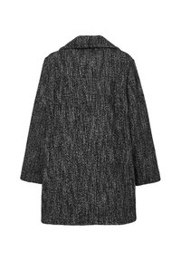 Cappotto in lana a scacchi bianco e nero con colletto, vestibilità rilassata e maniche a tre quarti. Presenta un tessuto testurizzato e un orlo dritto.