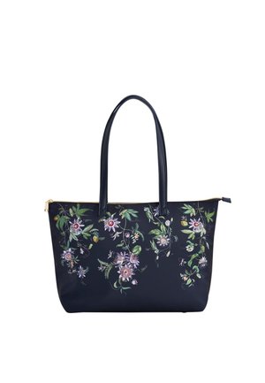 Marineblauwe draagtas met lange handgrepen en ritssluiting, versierd met gedetailleerde roze en groene bloem- en bladpatronen.