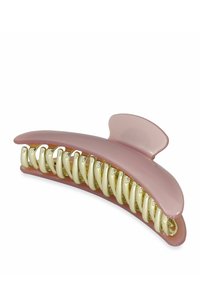 Roze plastic haarclip met een gebogen ontwerp, voorzien van gouden tanden en accenten, die zorgt voor een stevige grip op het haar.