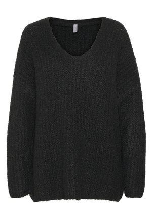 Sort oversized sweater med V-hals, lavet af tekstureret strikstof. Har brede ærmer og en løs pasform. Ingen synlige mønstre eller accenter.
