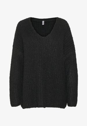 Črna oversized pulover s V-izrezom, izdelan iz strukturirane pletenine. Ima široke rokave in ohlapen kroj. Brez vidnih vzorcev ali akcentov.