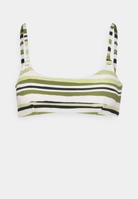 Top de bikini em tecido texturizado com riscas horizontais nas cores verde oliva, preto, branco e rosa claro. Alças ajustáveis melhoram o ajuste.
