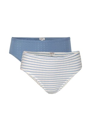 Zwei Damenunterwäsche-Sets aus Strick, eines einfarbig blau und eines weiß mit blauen Streifen, beide mit kleinen Lochmustern und Markenetiketten.