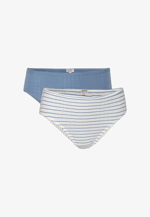 Zwei Damenunterwäsche-Sets aus Strick, eines einfarbig blau und eines weiß mit blauen Streifen, beide mit kleinen Lochmustern und Markenetiketten.