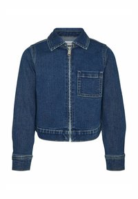 Jeansjacka i mörkblått med dragkedja, krage och bröstficka. Har långa ärmar och en kort skärning. Texturerad tyg.