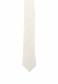 Seidene Krawatte in Cremeweiß mit glatter Textur und subtiler Rippstruktur. Verfügt über ein spitzes Ende und eine klassische schmale Form.