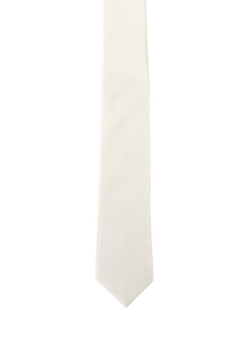 Seidene Krawatte in Cremeweiß mit glatter Textur und subtiler Rippstruktur. Verfügt über ein spitzes Ende und eine klassische schmale Form.