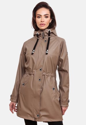 Beige waterproof parka with a hood, elastic waist, snap buttons, and black drawstrings. Features side pockets and contrasting hardware accents.