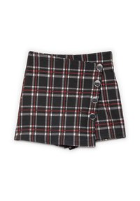 Skort a cuadros negros con un patrón de cuadros rojos y blancos, con un cierre lateral de botón y una forma ligeramente acampanada. Tejido texturizado.