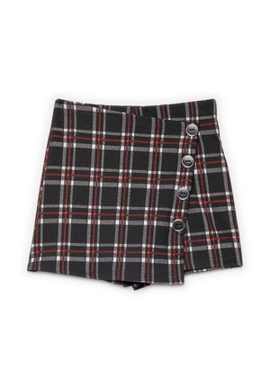 Skort a cuadros negros con un patrón de cuadros rojos y blancos, con un cierre lateral de botón y una forma ligeramente acampanada. Tejido texturizado.