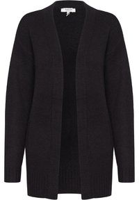 Svart cardigan med öppen framsida, tillverkad av strukturerad stickad tyg. Har långa ärmar och ribbade detaljer vid fållen och ärmslut. Ingen knäppning.