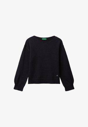 Maglione lavorato a maglia blu scuro con scollatura rotonda, maniche lunghe, polsini e orlo a coste, caratterizzato da un piccolo logo ricamato sul lato inferiore.