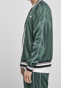 Grüne Satin-Jacke mit weißen Streifenakzenten, Reißverschluss und gerippten schwarzen Bündchen. Über einem weißen T-Shirt getragen, von der Seite gezeigt.