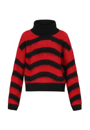 Rood en zwart gestreept cropped sweatshirt met een hoge, zwarte coltrui. Gemaakt van pluizig materiaal en voorzien van golvende strepen over het lichaam en de mouwen.