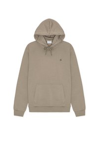 Μπεζ φούτερ με κουκούλα και κορδόνι, μπροστινή τσέπη, ριμπ μανσέτες και τελείωμα, με μικρό σκούρο πράσινο λογότυπο "II" στο στήθος.