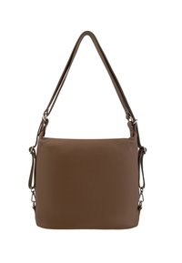 Borsa a spalla in pelle marrone con una superficie liscia e testurizzata, cinturino singolo regolabile e dettagli in metallo argentato. Forma rettangolare compatta.