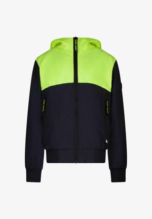 Gewatteerd jack met een neongroene bovenkant en een donkerblauwe onderkant. Gemaakt van gladde stof, met elastische manchetten en een ritssluiting aan de voorkant.