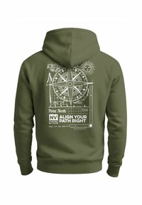 Olive green hoodie featuring a compass design on the back with white text, graphics, and a sun. Material appears soft and smooth.