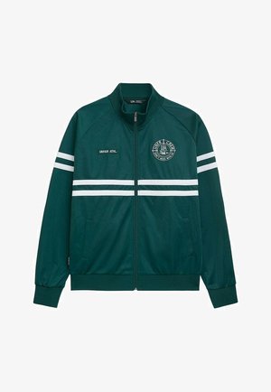 Green sports jacket with white stripes, zip closure, and a round logo. Features side pockets and ribbed cuffs. Made of smooth fabric.