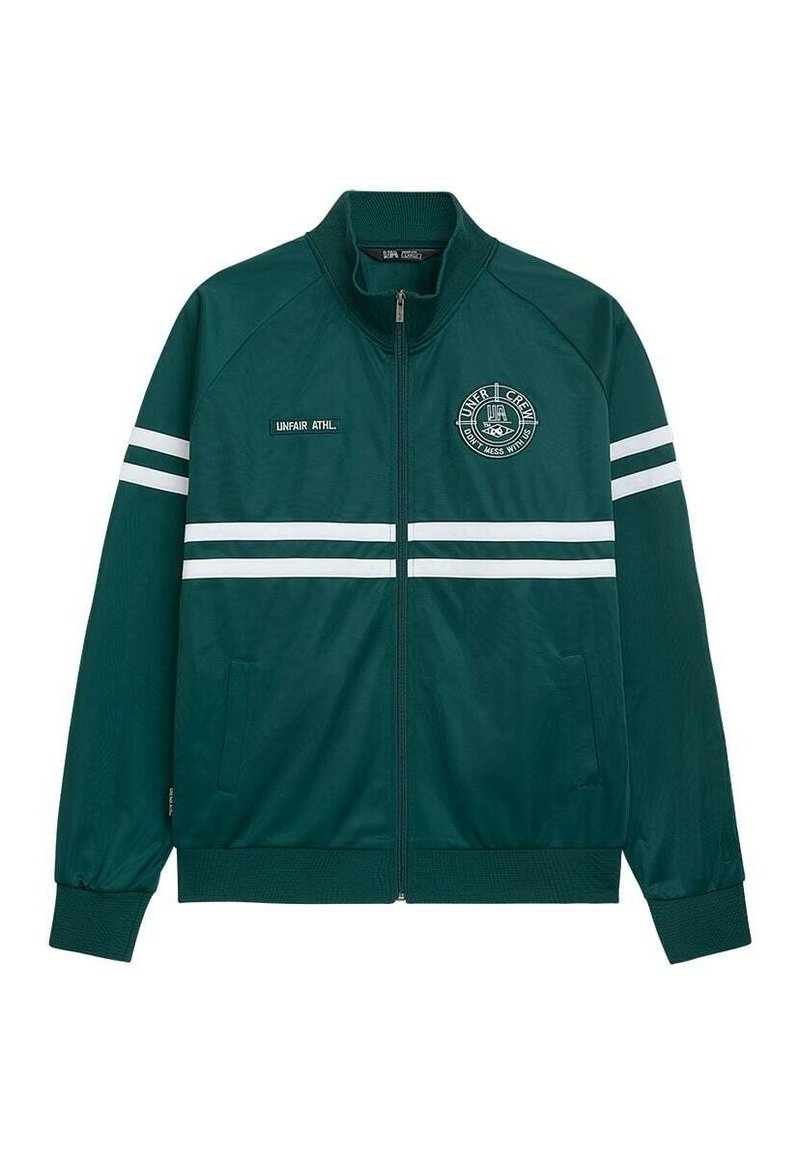 Green sports jacket with white stripes, zip closure, and a round logo. Features side pockets and ribbed cuffs. Made of smooth fabric.