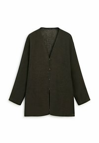 Chemise en lin vert foncé à manches longues, décolleté en V et fermeture par boutons à l'avant. Présente un ourlet droit et de subtils fentes sur les côtés.