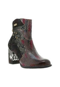 Bottines en simili cuir multicolore, textures mélangées et perles décoratives. Elles présentent un talon épais à motifs et une fermeture éclair sur le côté.