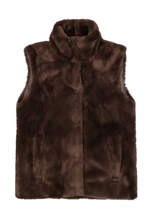 Chaleco de piel sintética marrón con cuello alto, diseño sin mangas, dos bolsillos laterales y tejido suave y texturizado. Forma clásica, sin cierres.