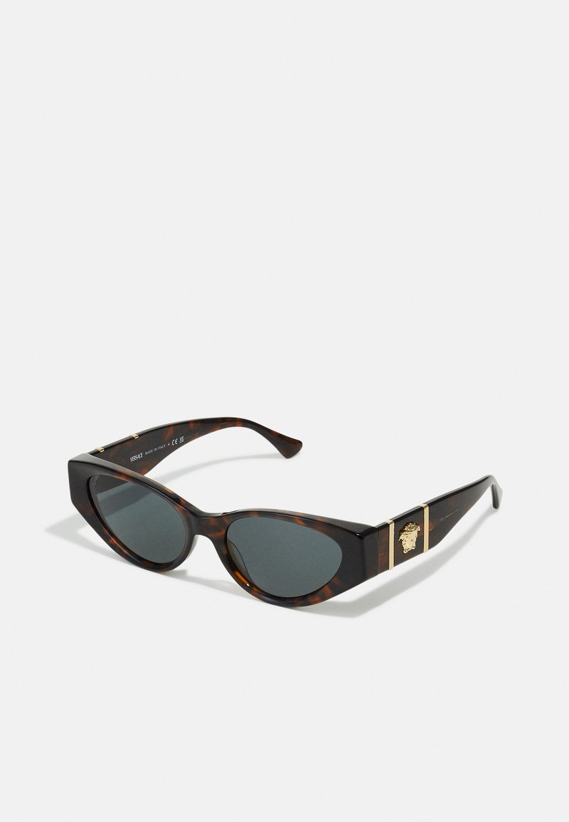 Kilpkonnakirjaga päikeseprillid, kassi silma kujuga, hallide läätsega ja kuldsete detailidega, mille tempel on kaunistatud lõvi embleemiga.