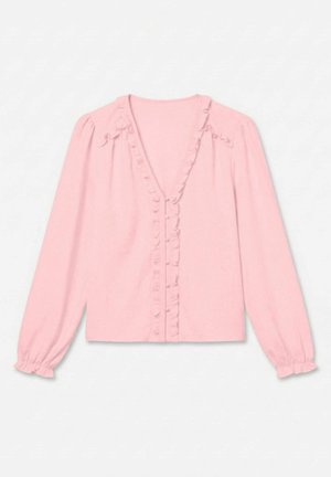 Lichtroze langharige blouse met V-hals, knoopsluiting aan de voorkant en ruches langs de halslijn, voorkant, schouders en manchetten.