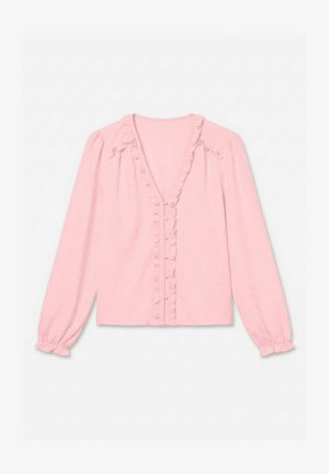 Lyserosa bluse med lange ermer, V-hals, knappestolpe foran og rysjekant langs utringning, foran, skuldre og mansjetter.