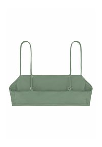 Bralette verde cropped con spalline sottili regolabili, realizzato in tessuto liscio, con un design semplice e rettangolare e hardware metallico laterale.