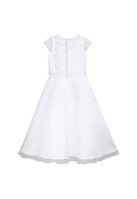 Weißes Kleid mit einem taillierten Oberteil, das florale Stickereien und kurze Ärmel hat. Fließender Rock mit mehrlagigem Saum und einer Knopfverschluss am Rücken.