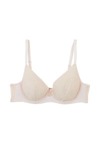 Reggiseno rosa chiaro con ferretto, sovrapposizione di pizzo sulle coppe, spalline regolabili e chiusura frontale. Tessuto liscio con un motivo sottile.