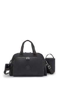 Black duffel bag made from textured material, featuring dual zip closures, short handles, and a detachable shoulder strap with a small pouch.