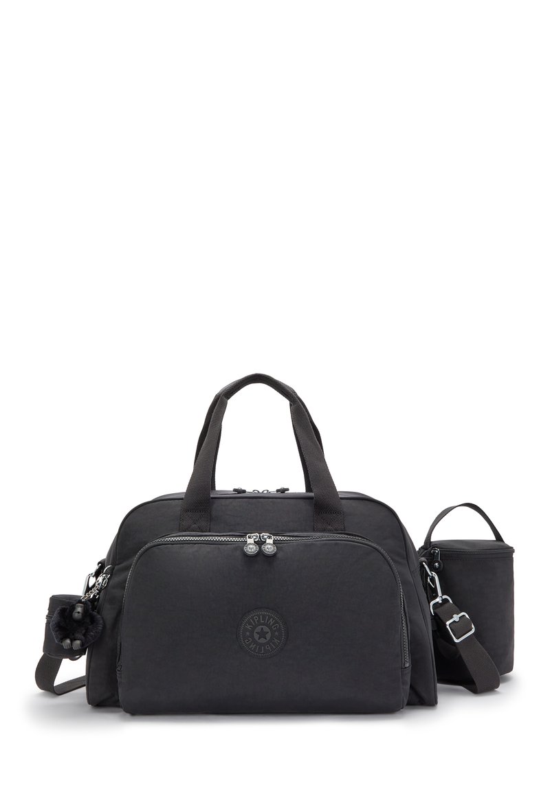 Black duffel bag made from textured material, featuring dual zip closures, short handles, and a detachable shoulder strap with a small pouch.