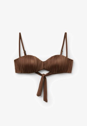 Brauner geraffter Bikini-Oberteil mit verstellbaren Trägern und gebundenem Vorderteil. Hergestellt aus glattem Material und zeichnet sich durch eine konturierte Form für zusätzlichen Halt aus.