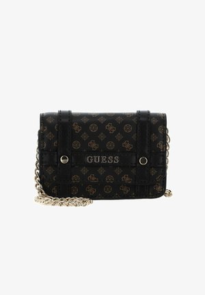 Sac à main synthétique noir avec logo doré et motif décoratif. Doté d'une bandoulière chaîne et de détails texturés sur l'extérieur.