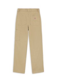 Beige cargobroeken, gemaakt van katoen, met twee achterzakken en een zijzak, recht gesneden ontwerp, gladde textuur, gestikte accenten.