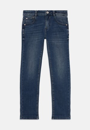 Dunkelblaue Jeans aus Denim mit geradem Bein, fünf Taschen, Metallknopfverschluss und dezentem Verblassen. Maschinenwaschbar.